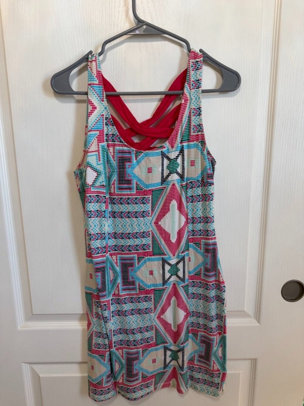 Boho Aztec Geometric Print Crisscross Strappy Tank Mini Dress